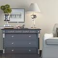 Dark Wood Entryway Console Table With Drawers Table Lamp And Decorative Items Near Sofa