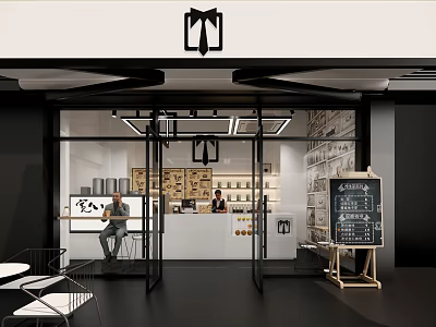 Modern Milk Tea Shop Interior With Glass Entrance Blackboard Menu And Seating Area 3d model