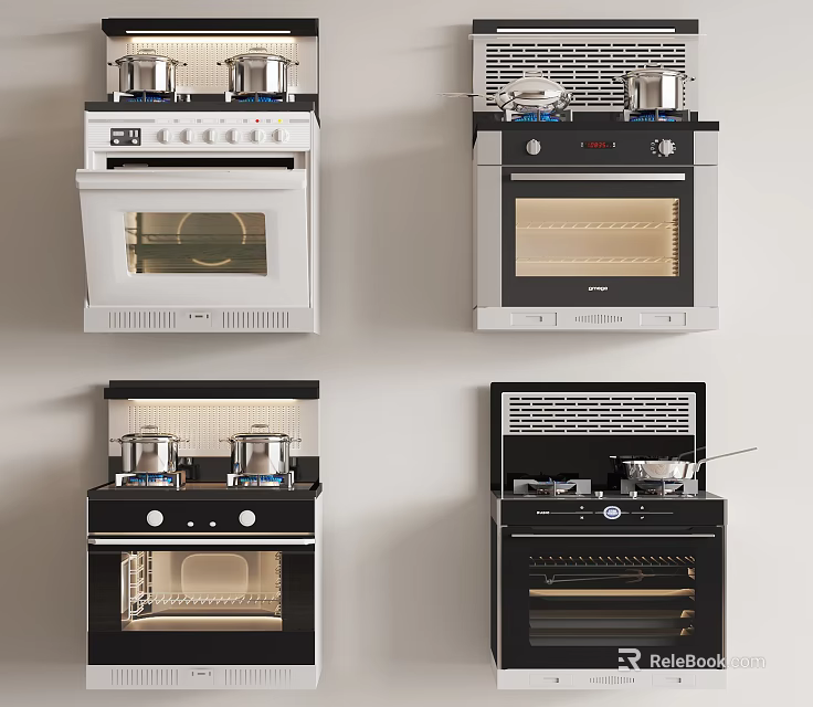 Various White and Black Kitchen Appliances With Pots On Cooktops And Ovens 3d model 