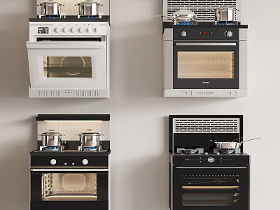 Various White and Black Kitchen Appliances With Pots On Cooktops And Ovens 3d model