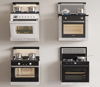 Various White and Black Kitchen Appliances With Pots On Cooktops And Ovens 3d model