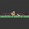 Miniature Farm Scene With Green Grass Wooden Fence Sheep And Small White Flowers