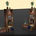Vintage Wooden Shelves With Potted Plants Radio And Decorative Storage Boxes