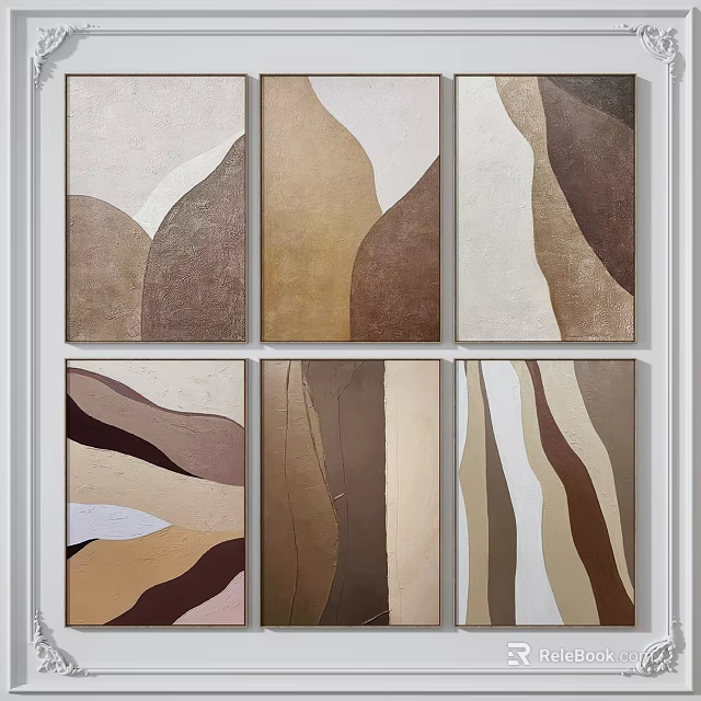 Six Abstract Paintings with Earth Tones Wavy Lines Geometric Patterns for Modern Wall Decor 3d model