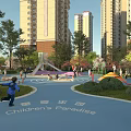 Children's Play Area With High Rise Buildings Green Trees Colorful Slides Swings And Kids Playing