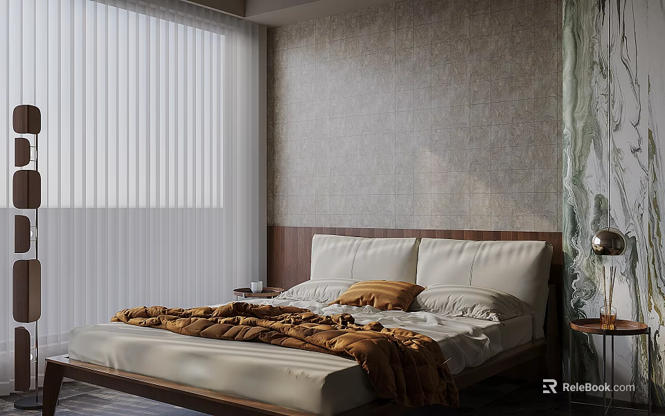 Double Bed In Bedroom Interior With Wooden Headboard Brown Blanket White Pillows And Textured Wall 3d model 