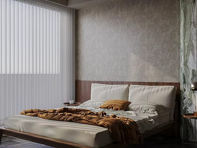 Double Bed In Bedroom Interior With Wooden Headboard Brown Blanket White Pillows And Textured Wall 3d model