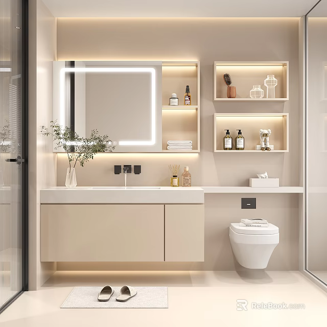 Modern Bathroom Cabinet and Shelves Featuring Lighted Mirror and Decorative Items for Clean Design 3d model 