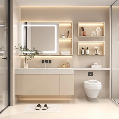 Modern Bathroom Cabinet and Shelves Featuring Lighted Mirror and Decorative Items for Clean Design 3d model
