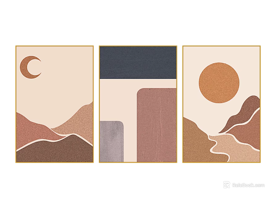 Three Piece Decorative Wall Art With Moon Sun And Geometric Mountain Patterns 3d model