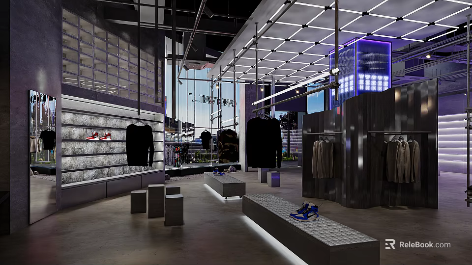 Modern Fashion Retail Store With Clothing Shoes Display Racks And Stylish Lighting 3d model 