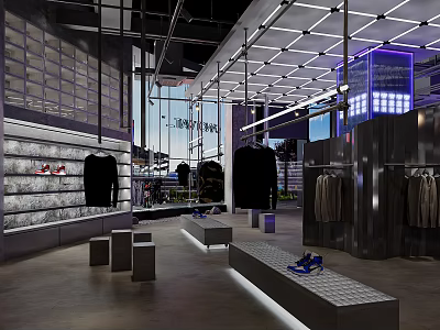 Modern Fashion Retail Store With Clothing Shoes Display Racks And Stylish Lighting 3d model