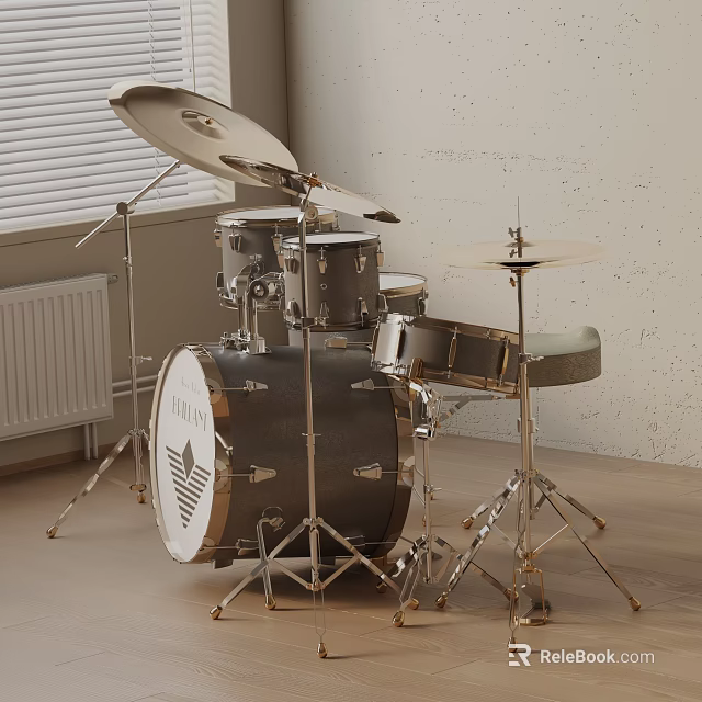 Drum Set Musical Instrument with Drums Cymbals and Metal Stands in Room Interior 3d model 