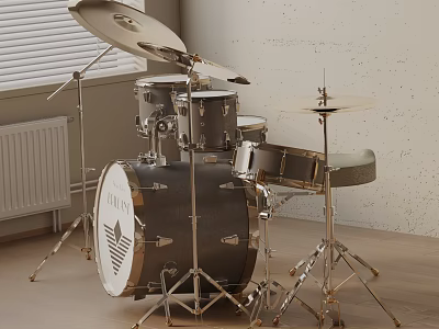 Drum Set Musical Instrument with Drums Cymbals and Metal Stands in Room Interior 3d model