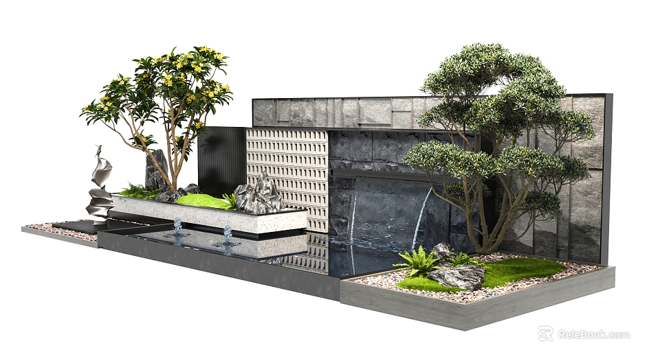 Modern Garden Feature Wall With Waterfall Trees Stone Decorations And Reflection Pool 3d model 