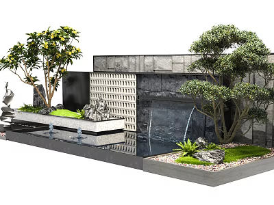 Modern Garden Feature Wall With Waterfall Trees Stone Decorations And Reflection Pool 3d model