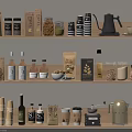 Organic Food Jars Bottles And Coffee Supplies Displayed On Kitchen Shelves