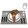 Dinnerware Set With Black White Checkered Placemat White Plate Brown Napkin Ring And Wine Glass