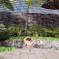 Tropical Garden Pergola With Palm Trees Stone Wall Green Plants And Stone Pathway