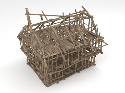 Wooden House Frame Under Construction With Detailed Wooden Skeleton Structure 3d model