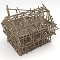 Wooden House Frame Under Construction With Detailed Wooden Skeleton Structure