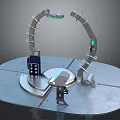 Outdoor Landscape With Circular Metal Platform Blue Devices And Green Lights