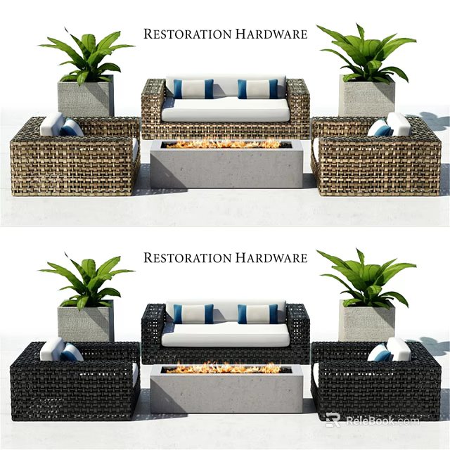 Restoration Hardware Wicker Loveseat With White Blue Cushions Green Plants And Fire Pit 3d model 