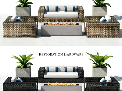 Restoration Hardware Wicker Loveseat With White Blue Cushions Green Plants And Fire Pit 3d model