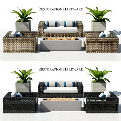Restoration Hardware Wicker Loveseat With White Blue Cushions Green Plants And Fire Pit 3d model
