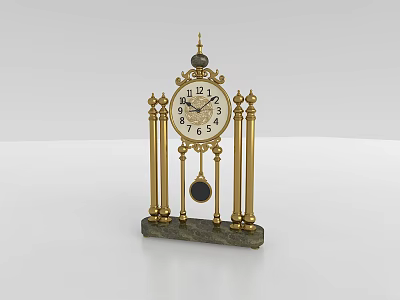 Vintage Style Golden Table Clock With Round Dial Pendulum And Marble Base 3d model