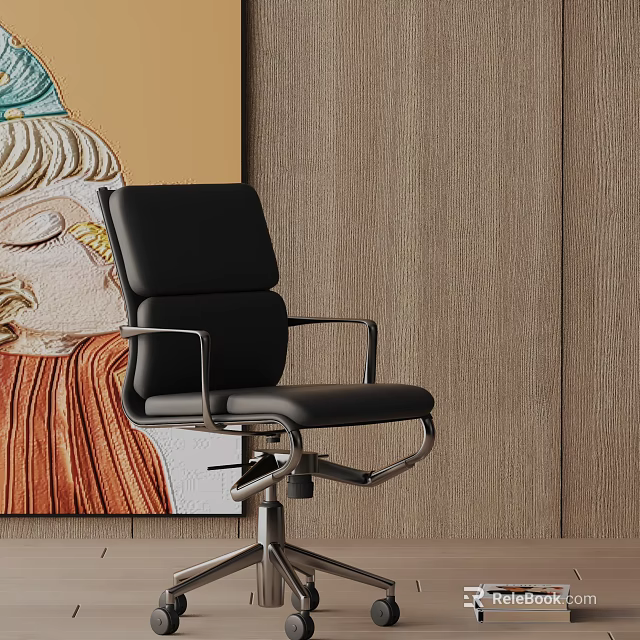 Black Leather Office Chair with Metal Armrests and Base against Wooden Wall and Abstract Painting 3d model 