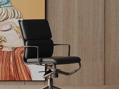 Black Leather Office Chair with Metal Armrests and Base against Wooden Wall and Abstract Painting 3d model