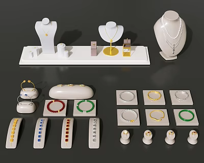 Elegant Jewelry Display With Necklaces On Mannequins Rings In Trays And Bracelets On Stands 3d model