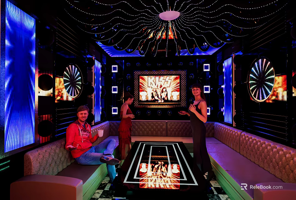 Modern KTV Lounge Interior With Colorful Lighting Comfortable Sofas And Karaoke Screen 3d model