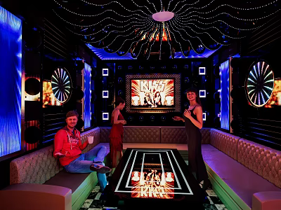 Modern KTV Lounge Interior With Colorful Lighting Comfortable Sofas And Karaoke Screen 3d model