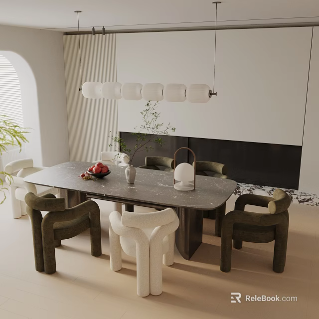 Modern Tea Room Interior With Marble Dining Table Chairs Pendant Light And Green Plant 3d model 