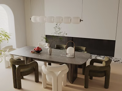 Modern Tea Room Interior With Marble Dining Table Chairs Pendant Light And Green Plant 3d model
