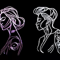 Two Women Neon Outlined Silhouettes With Stylish Tattoos On Black Background
