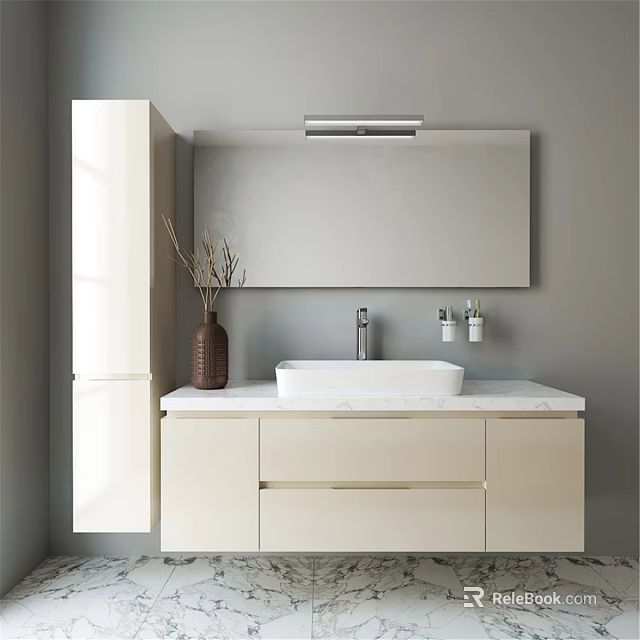 Stylish White Bathroom Vanity With Marble Countertop Faucet Large Mirror Vase Dried Branches And Cabinet 3d model 