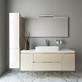 Stylish White Bathroom Vanity With Marble Countertop Faucet Large Mirror Vase Dried Branches And Cabinet