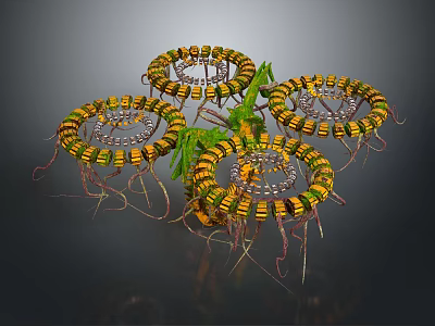 Colorful Coiled Microscopic Structures With Yellow Black Stripes And Green Filaments Model 3d model