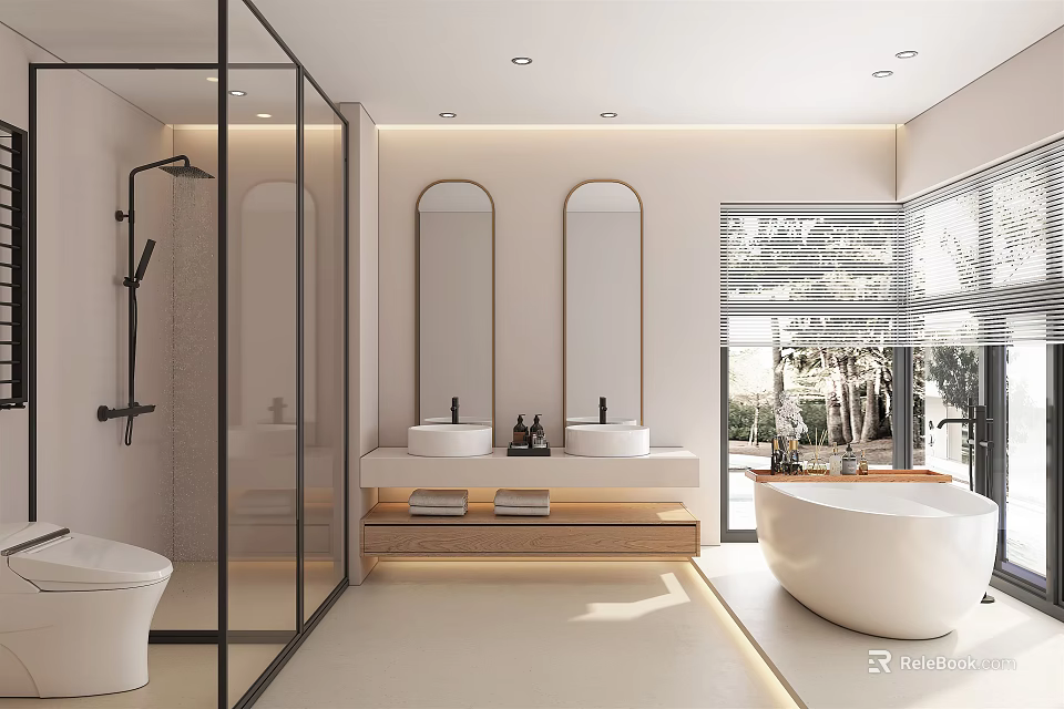 Modern Bathroom Interior With Glass Shower Double Mirrors Sinks And Free Standing Bathtub 3d model 
