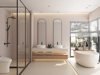Modern Bathroom Interior With Glass Shower Double Mirrors Sinks And Free Standing Bathtub 3d model