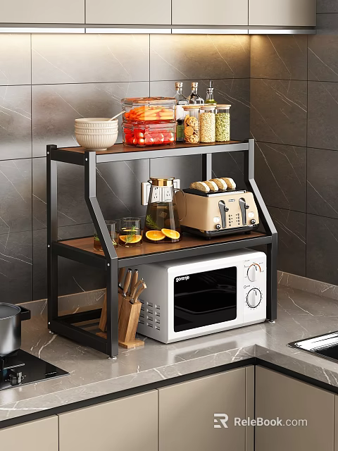 Modern Kitchen Storage Shelf with Microwave Toaster Coffee Maker and Containers 3d model 