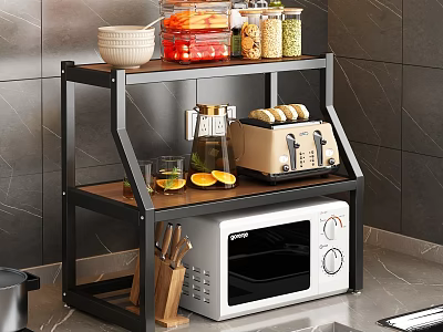 Modern Kitchen Storage Shelf with Microwave Toaster Coffee Maker and Containers 3d model