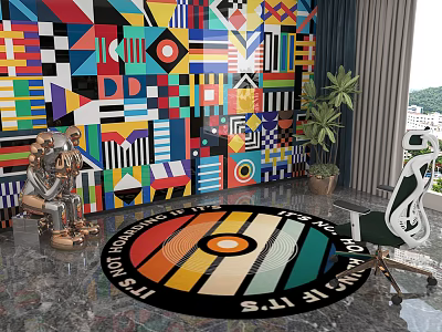 Colorful Geometric Patterned Background Wall With Astronaut Sculpture Colorful Circle Rug Potted Plant And Gaming Chair 3d model