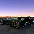 Green Sleek Modern Sports Car With Futuristic Design Golden Wheels And Sunset Sky