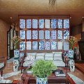Elegant Traditional Interior With Woven Chandelier Stone Basin Ceramic Vases And Decorative Items
