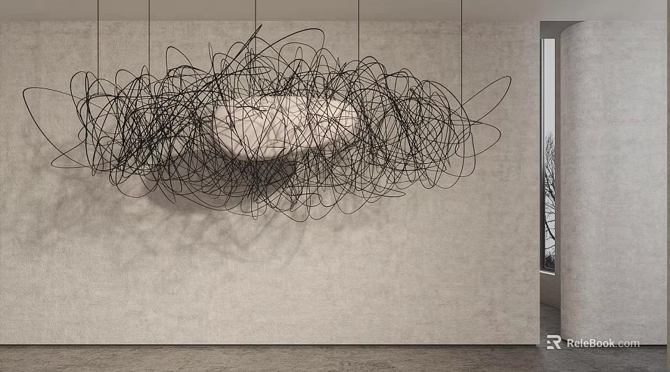 Hanging Abstract Wire Sculpture With Light Circular Center In Minimalist Interior 3d model 