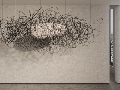 Hanging Abstract Wire Sculpture With Light Circular Center In Minimalist Interior 3d model